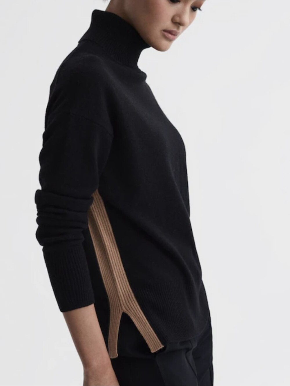 Reiss Turtleneck Jumper Sweater Black Camel Wool Cashmere Blend Sz M Minimalist